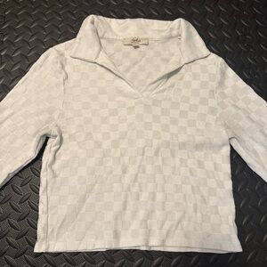 Talbots White V-Neck Sweater with Subtle Checkered Design